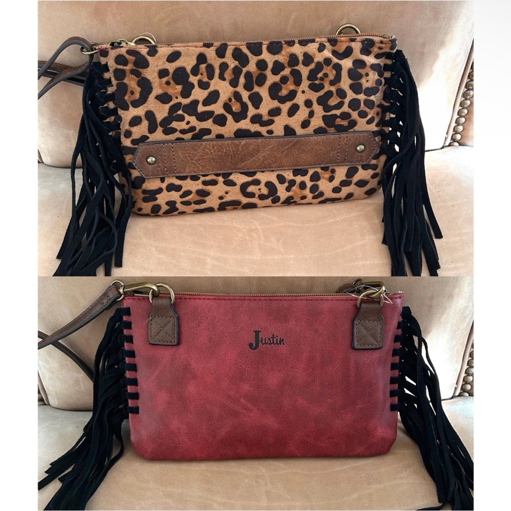 Justin Western Leopard Print & Red Black Suede Fringe Clutch Crossbody NWT New